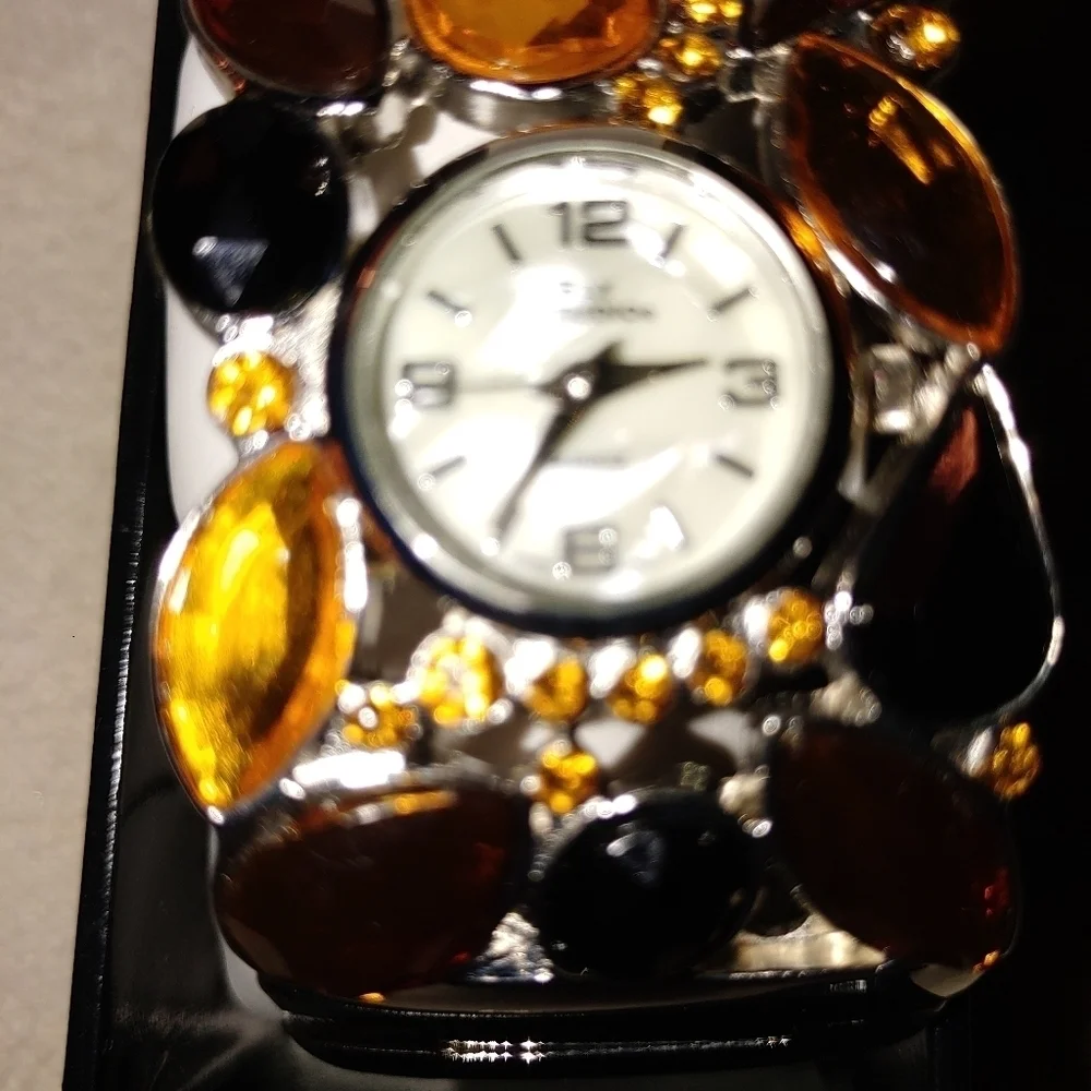 NEW MULTI GEMSTONE SILVER BANGLE QUARTZ WATCH